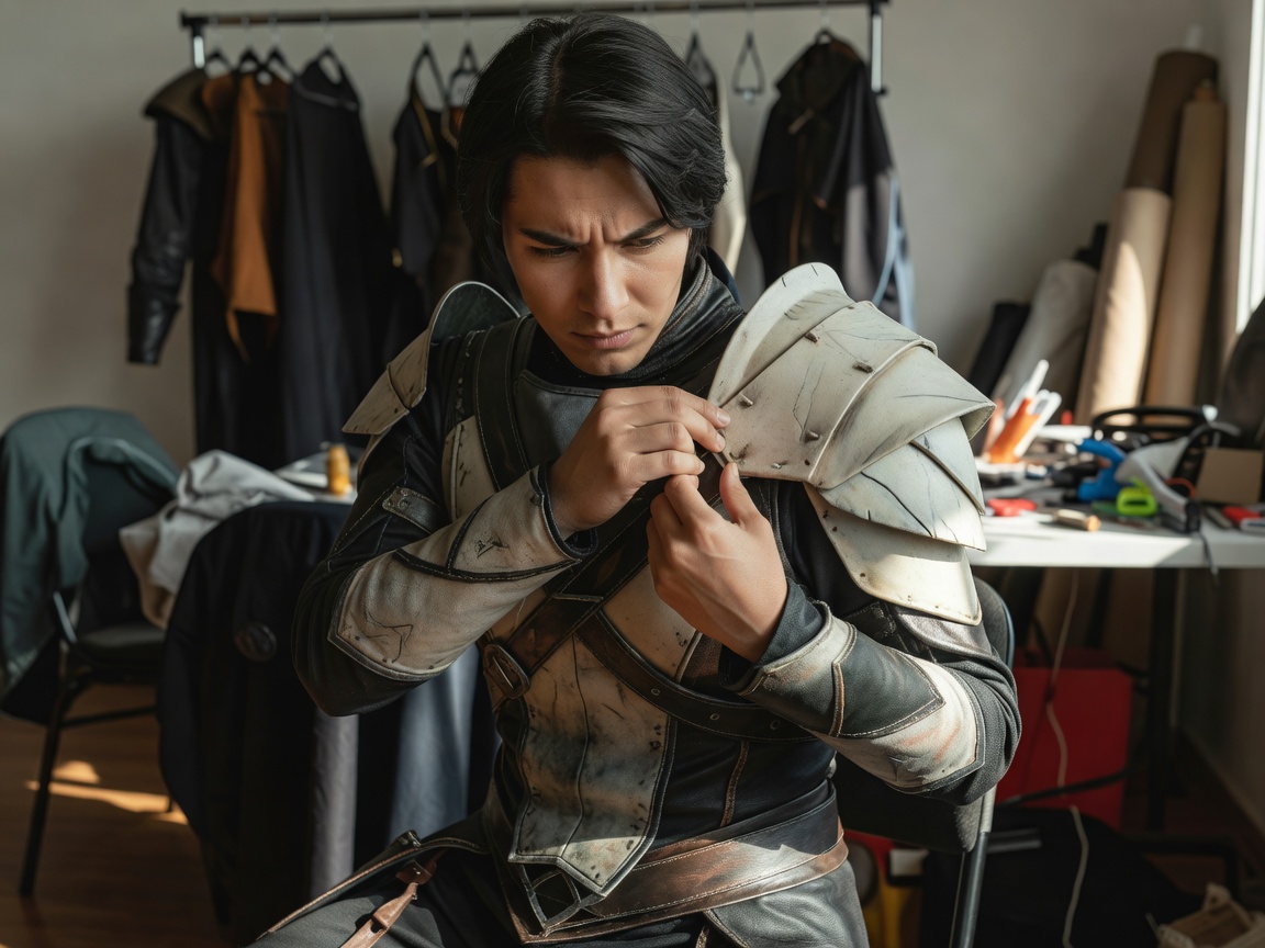 A cosplayer carefully adjusting the shoulder piece of a handmade costume before a photo