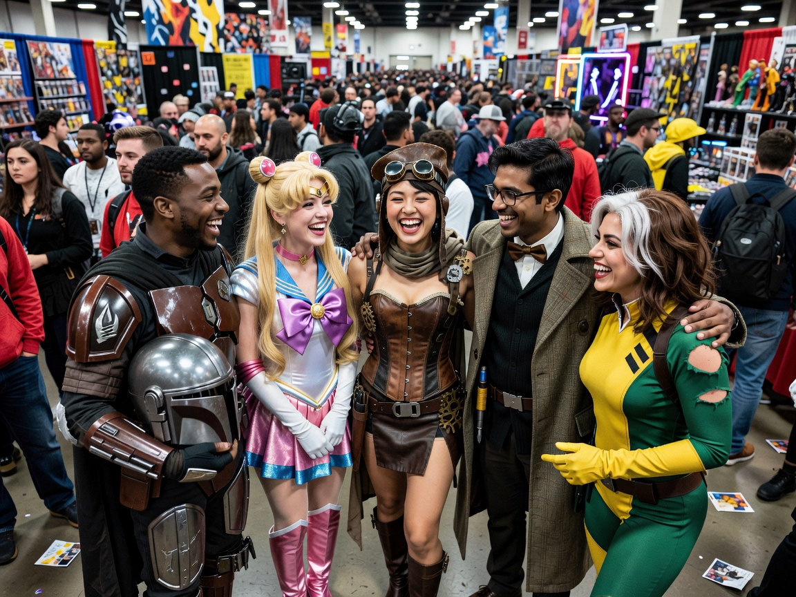 A group of friends in costume grinning together on a crowded fan convention floor
