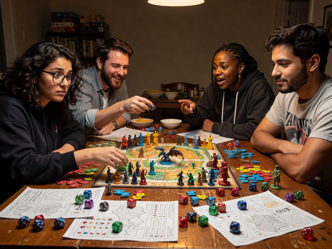 Friends around a table covered in board game pieces and character sheets during a game night
