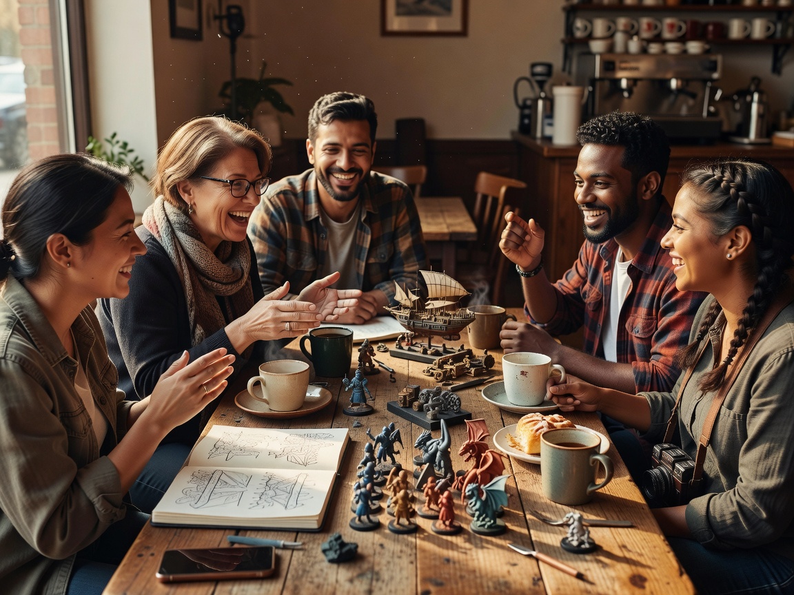 Members of an online hobby group chatting around a cafe table at their first meetup