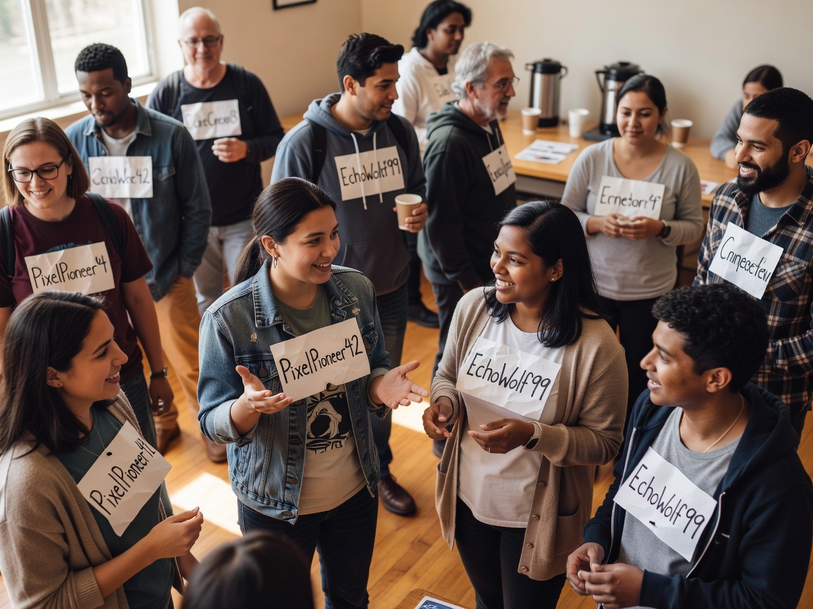 People at a community meetup wearing handwritten name tags showing their online usernames