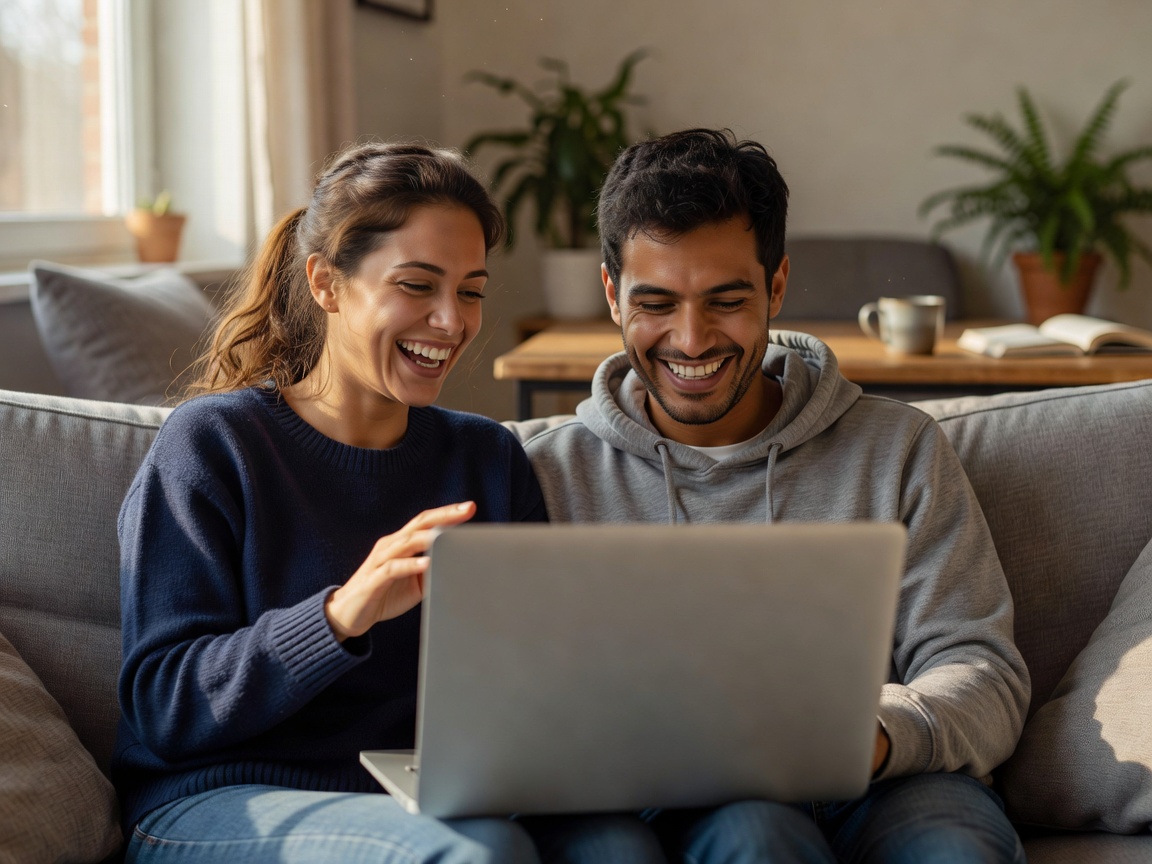 Two people sharing a laptop and laughing together at a friendly online thread